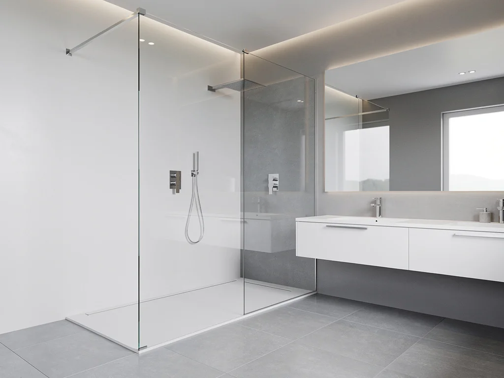 Salle de bain grise et blanche avec receveur extra-plat de plain-pied